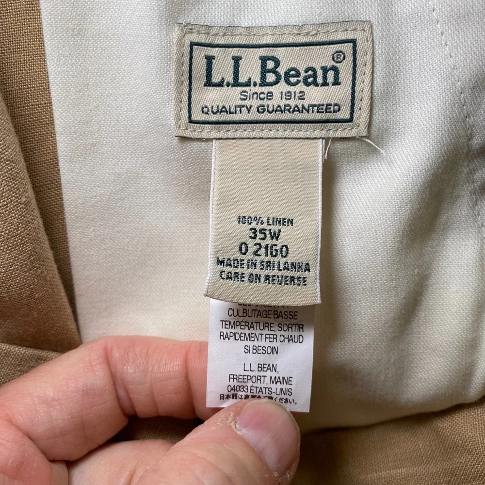 LL Bean Mens 35W Linen Pants Tan Khaki 100 Linen Flat Front Straight Leg